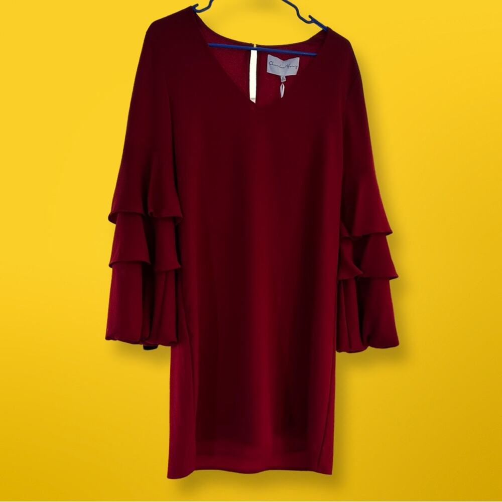 Charles Henry Ruffled Long Sleeve Red Shift Dress M
